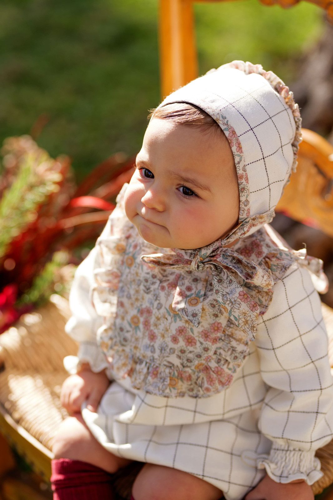 Checked Bonnet and Bib Set with Floral Accents Checked Bonnet and Bib Set with Floral Accents — Baby Outfits 2027