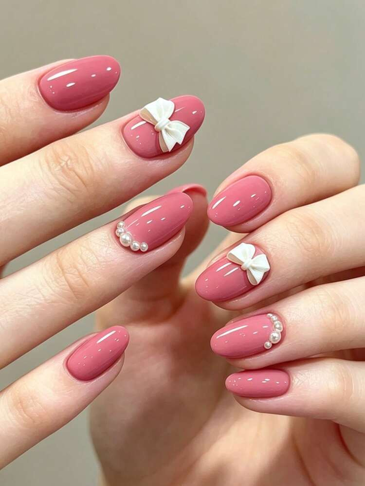 Dusty Rose Oval with 3D Bows and Pearls — Prom Press On Nails 2027