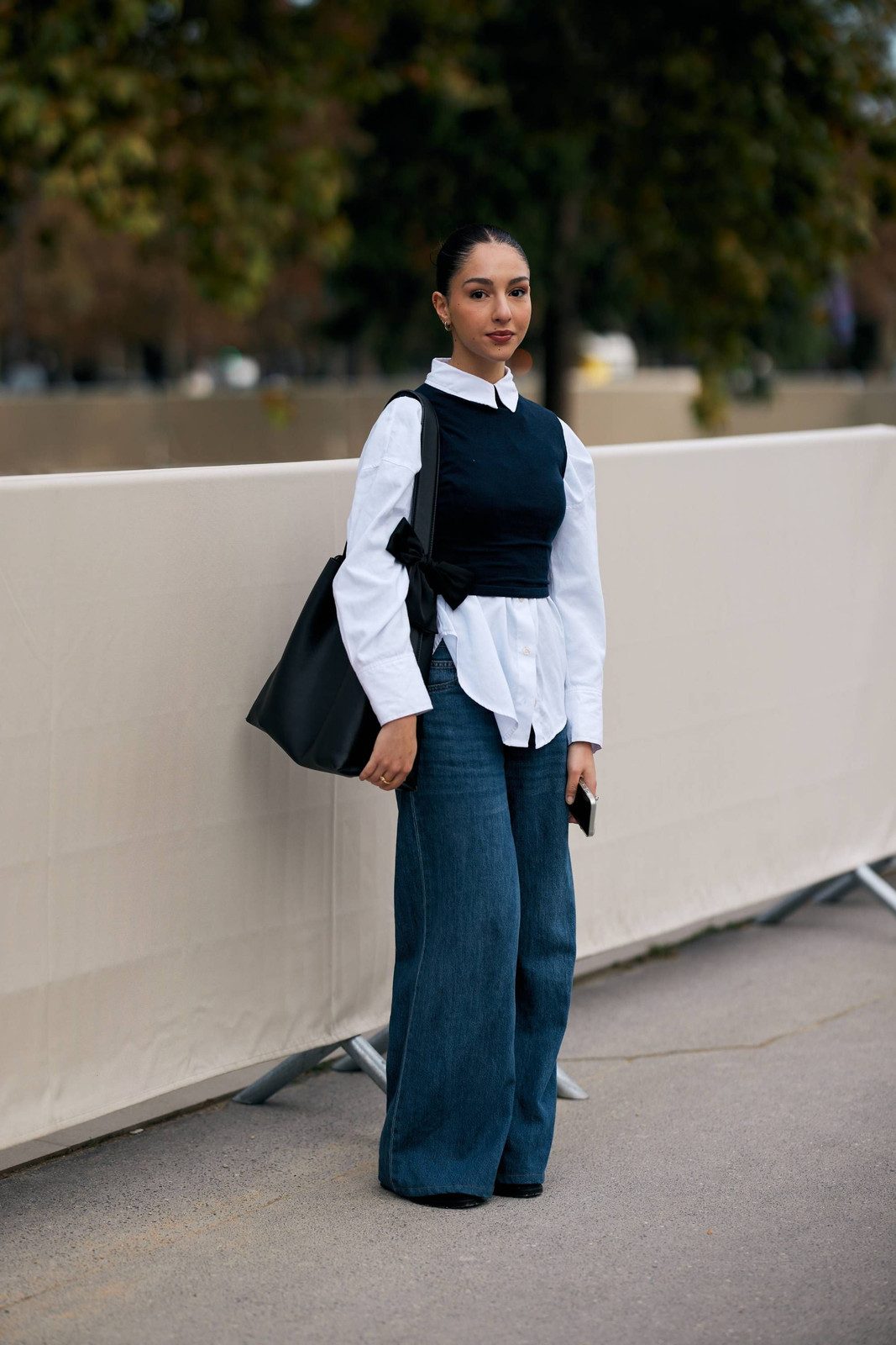 Cropped Vest and White Shirt Combination with Dark Wide-Leg Jeans — Wide Leg Jeans Outfits 2027