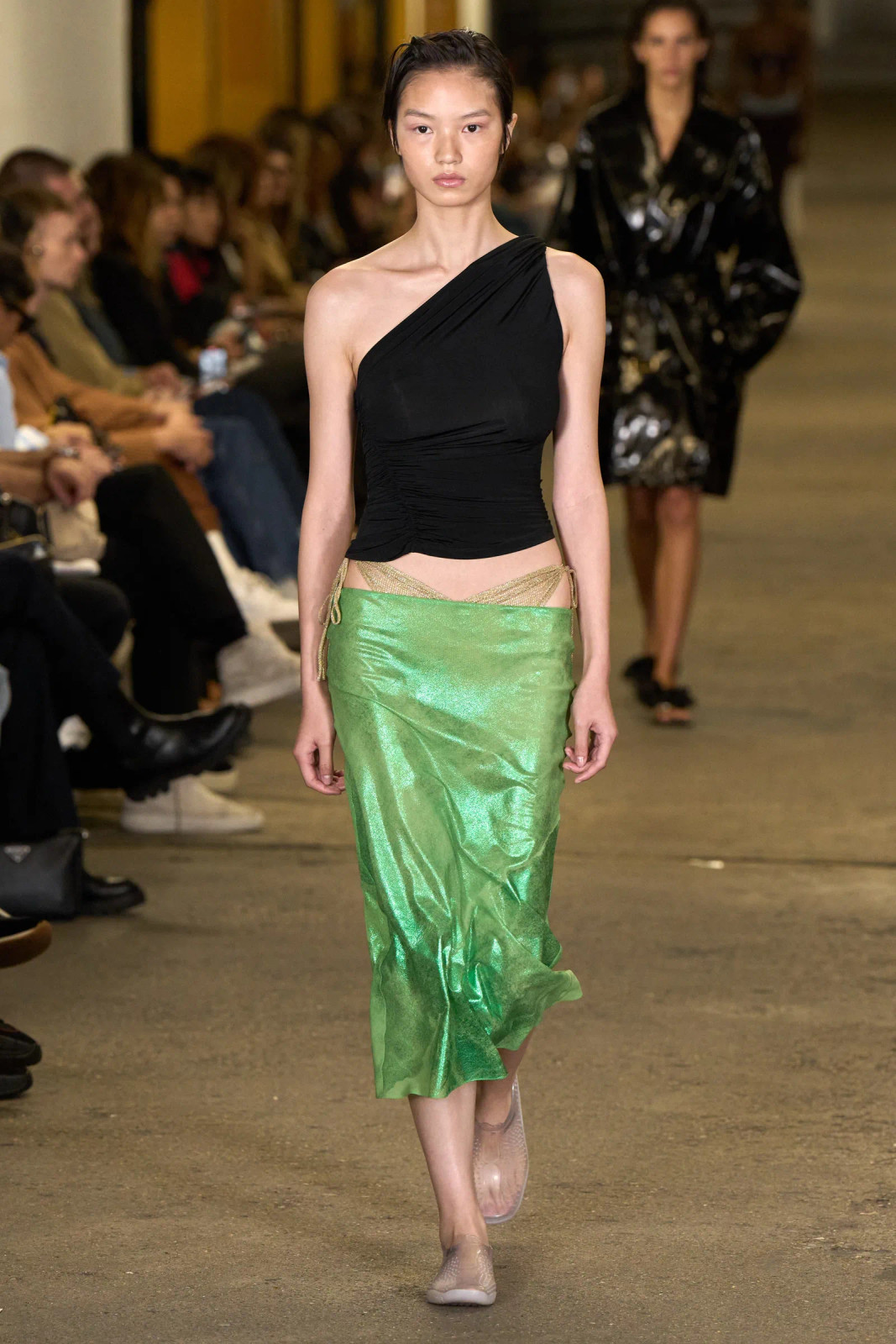 Metallic Green Slip Skirt with One-Shoulder Top and Chain Belt — Slip Skirt Outfits 2027