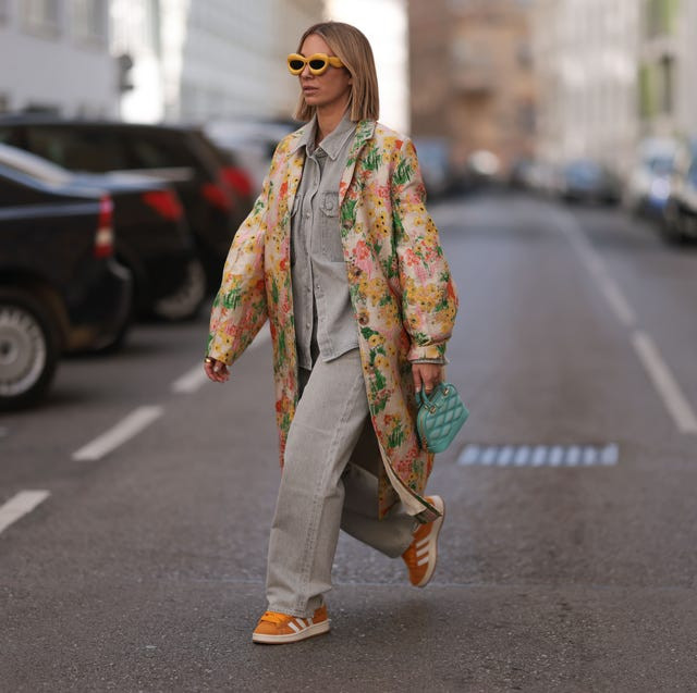 Floral Print Coat with Denim and Orange Sneakers Floral Print Coat with Denim and Orange Sneakers — Spring Outfits 2027 with Sneakers