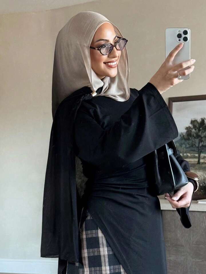 Black Top with Sheer Overlay and Plaid Skirt Black Top with Sheer Overlay and Plaid Skirt — Hijab Outfits 2027