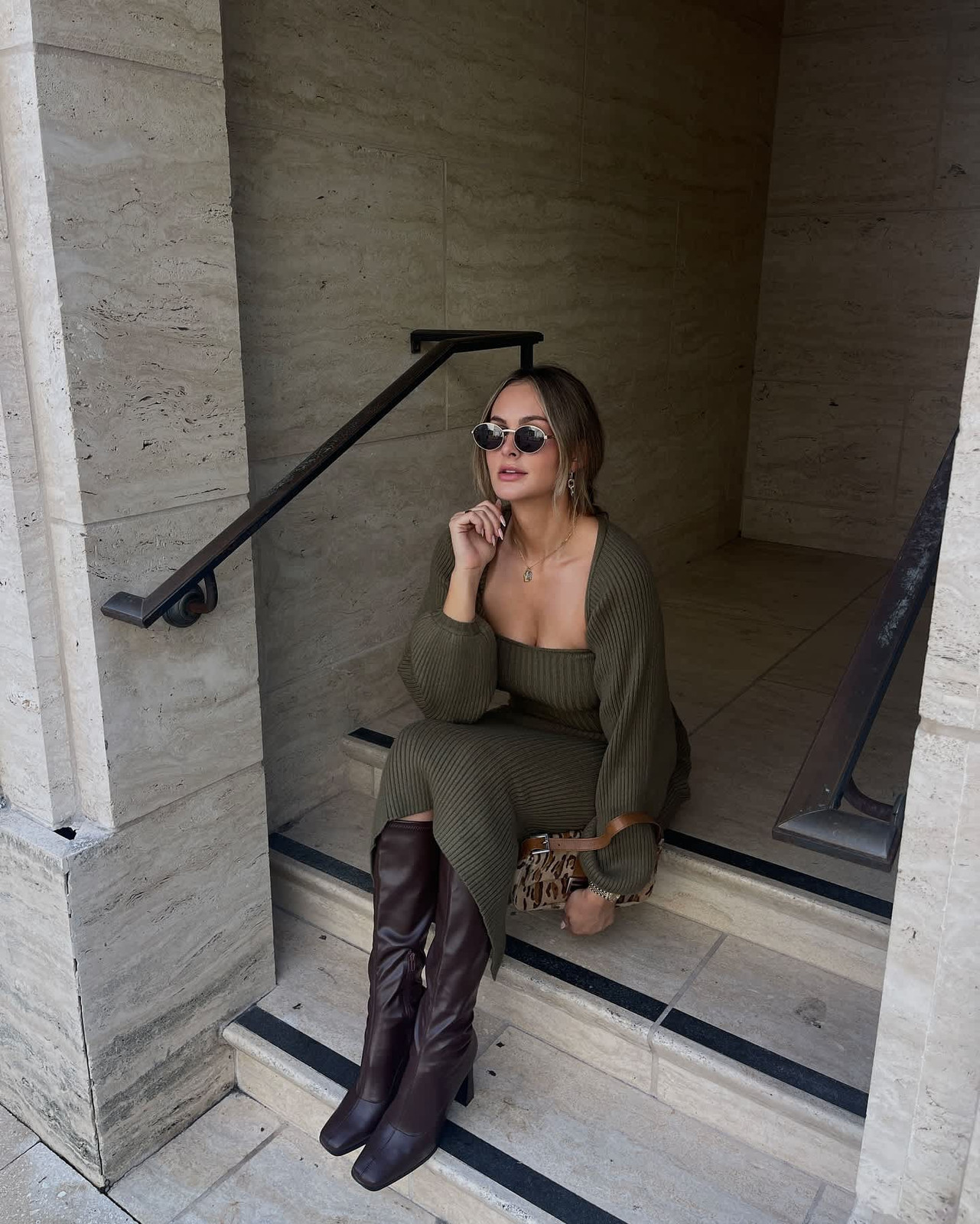 Olive Green Knit Dress with Square Neckline and Brown Boots Olive Green Knit Dress with Square Neckline and Brown Boots — Dress 2027 with Boots Outfit