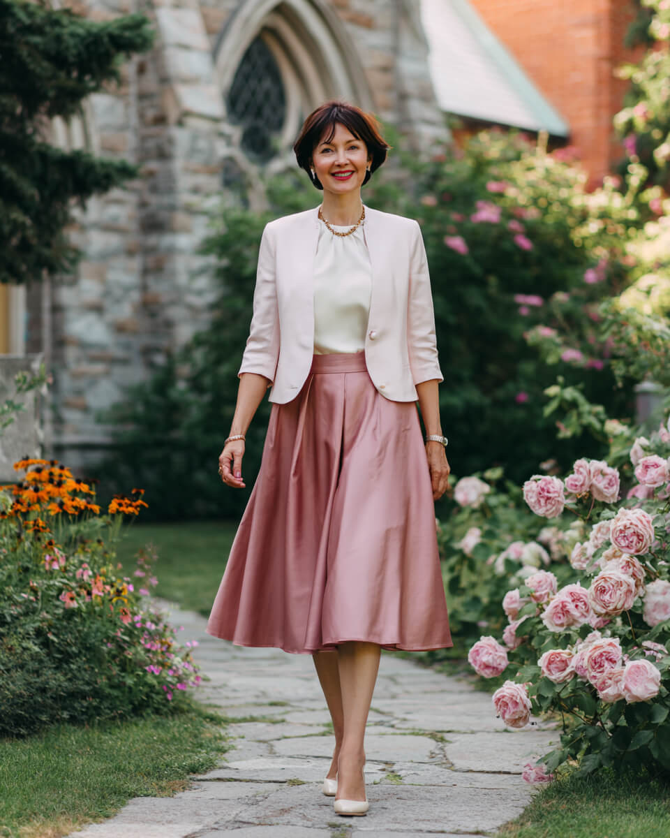 Blush Pink Cropped Jacket with Rose Gold Pleated Skirt Blush Pink Cropped Jacket with Rose Gold Pleated Skirt — Mothers Day Church Outfits 2027