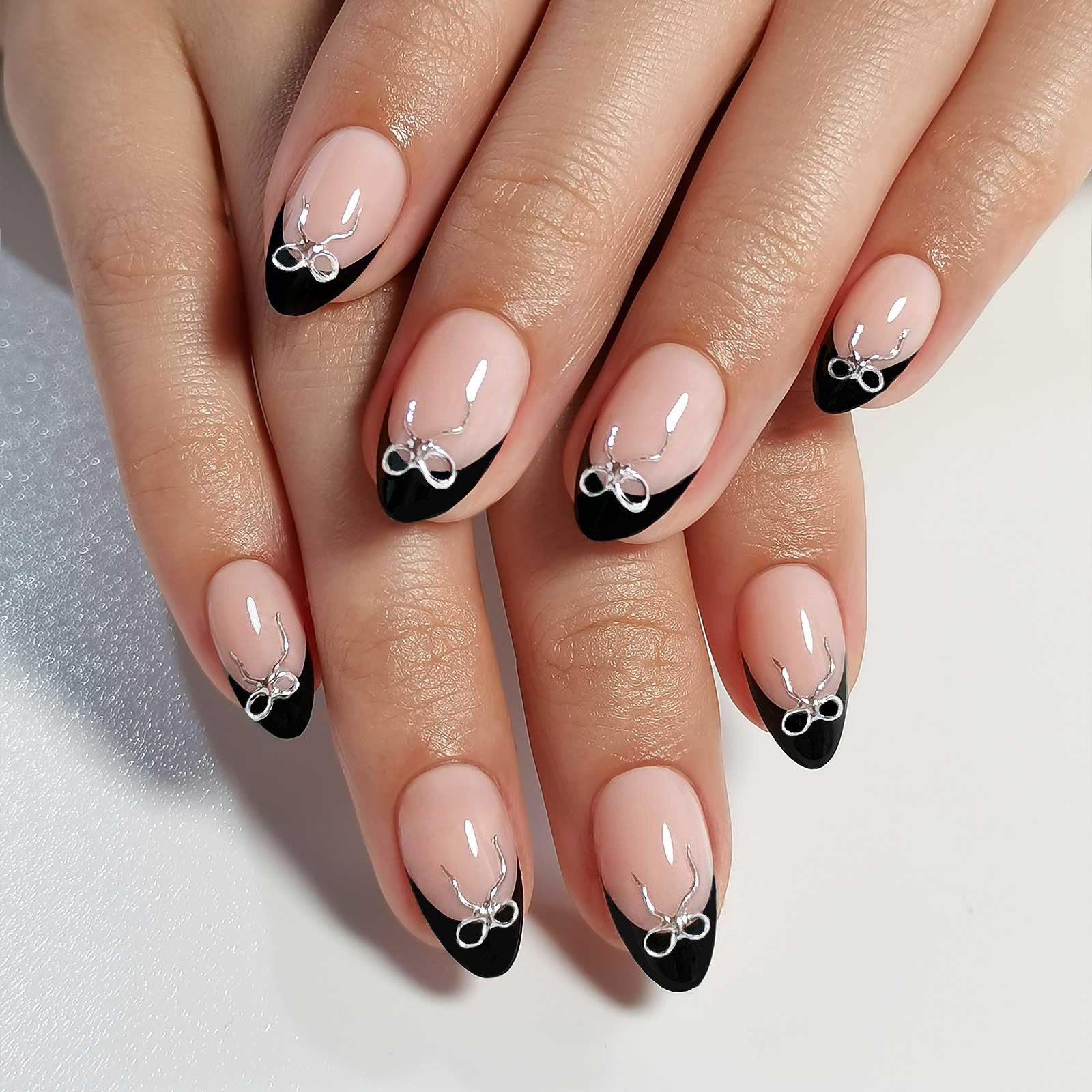 Medium Oval Black French Silver Bow Charm Nails Medium Oval Black French Silver Bow Charm Nails — Short Bow Nails 2027