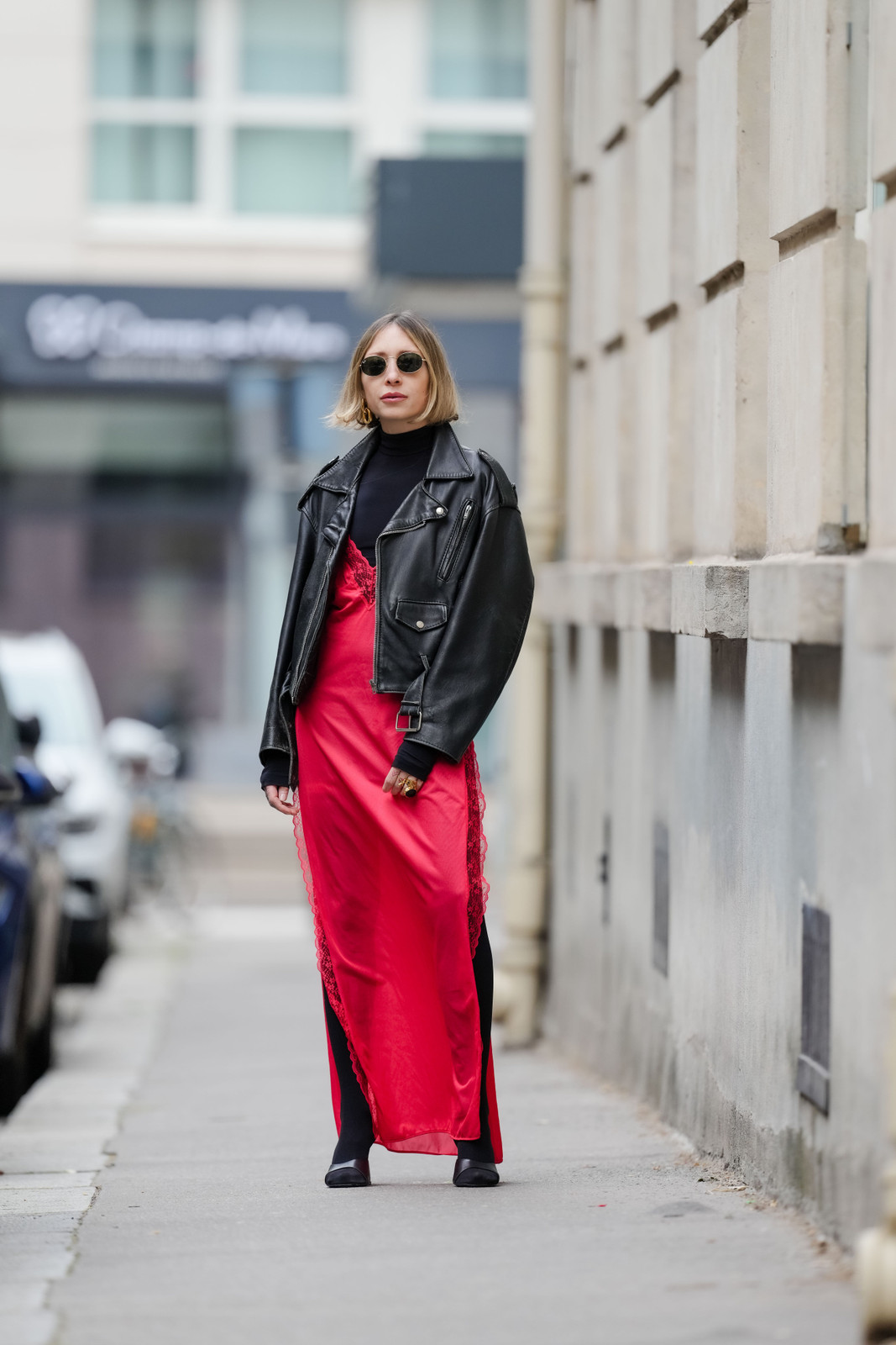 Red Lace Slip Dress Layered Over Turtleneck with Biker Jacket Red Lace Slip Dress Layered Over Turtleneck with Biker Jacket — Slip Dresses 2027