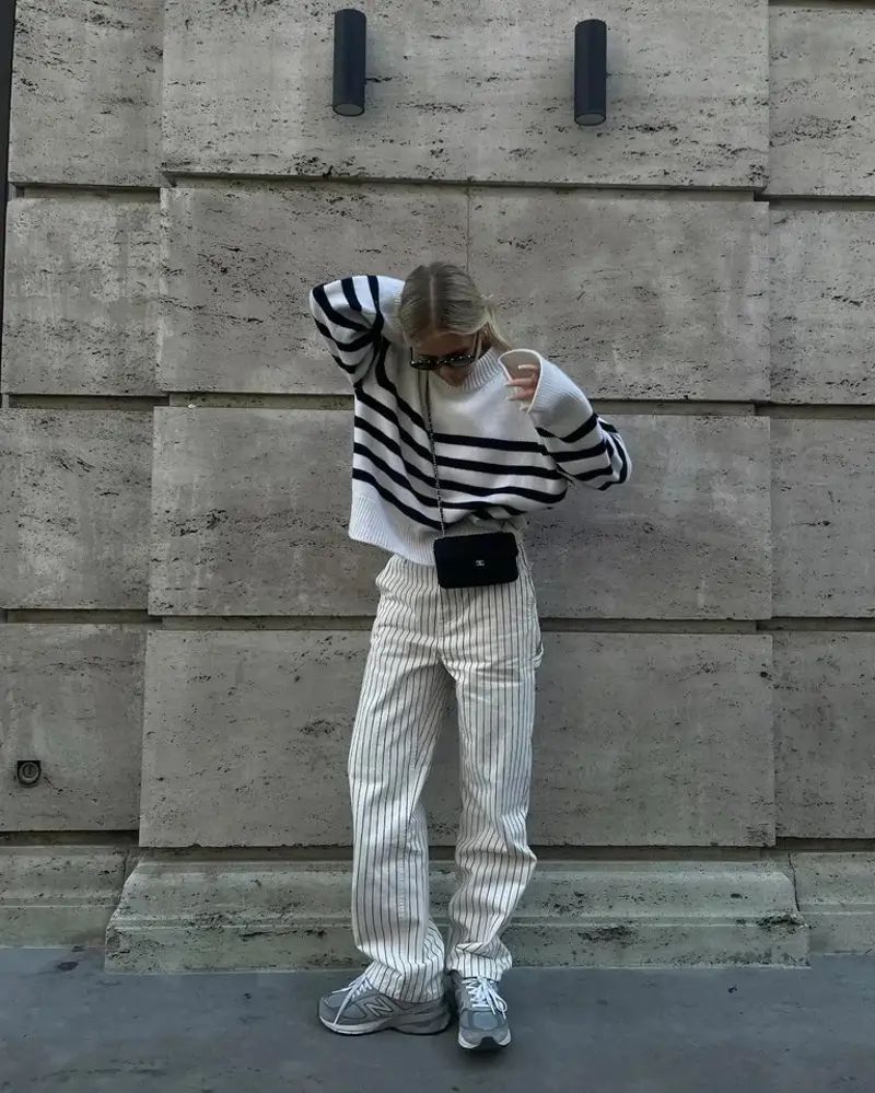 Striped Sweater with Wide-Leg Trousers Striped Sweater with Wide-Leg Trousers — New Balance Outfits 2027