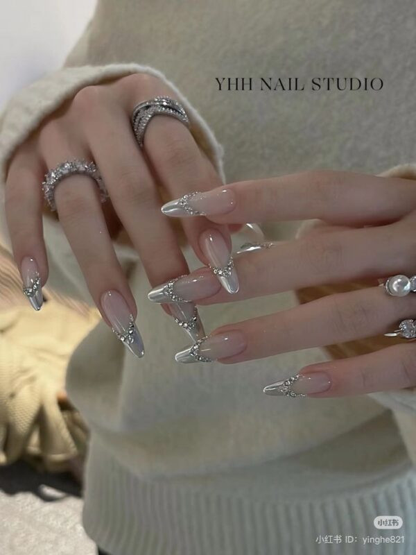 Nude Stiletto French with Glitter Cuticles Nude Stiletto French with Glitter Cuticles — Graduation Nails 2027