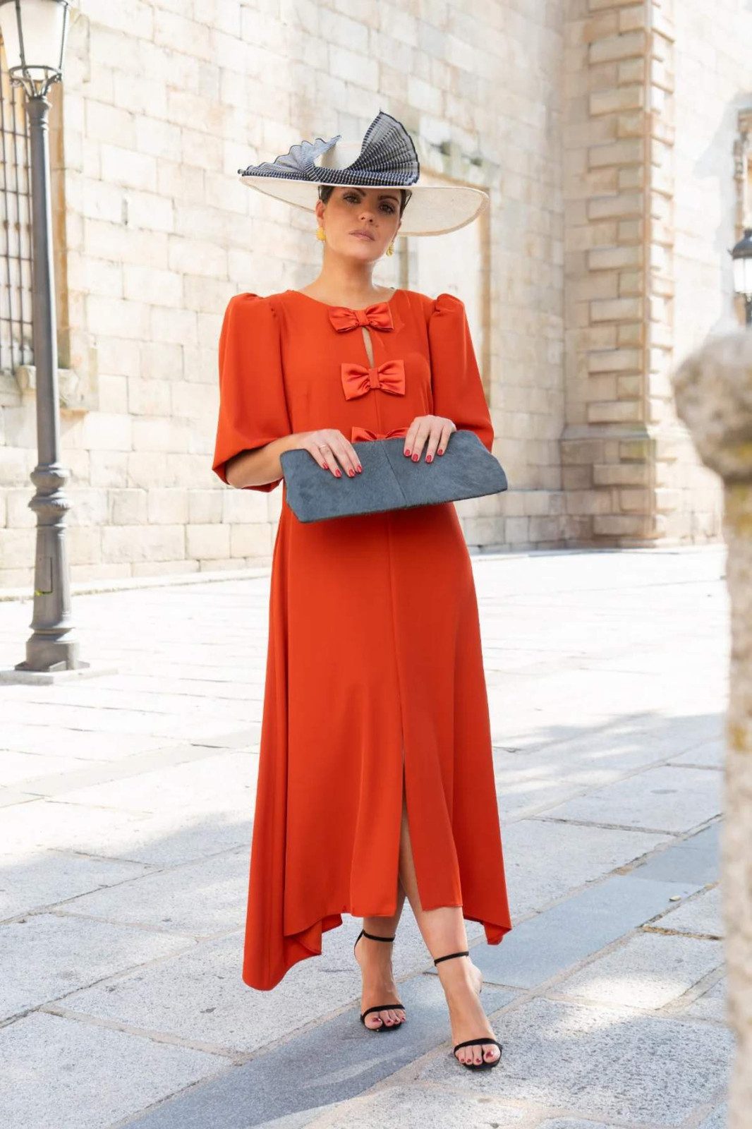 Orange Midi Dress with Voluminous Bow Sleeves Orange Midi Dress with Voluminous Bow Sleeves — Wedding Guest Outfits Cocktail 2027