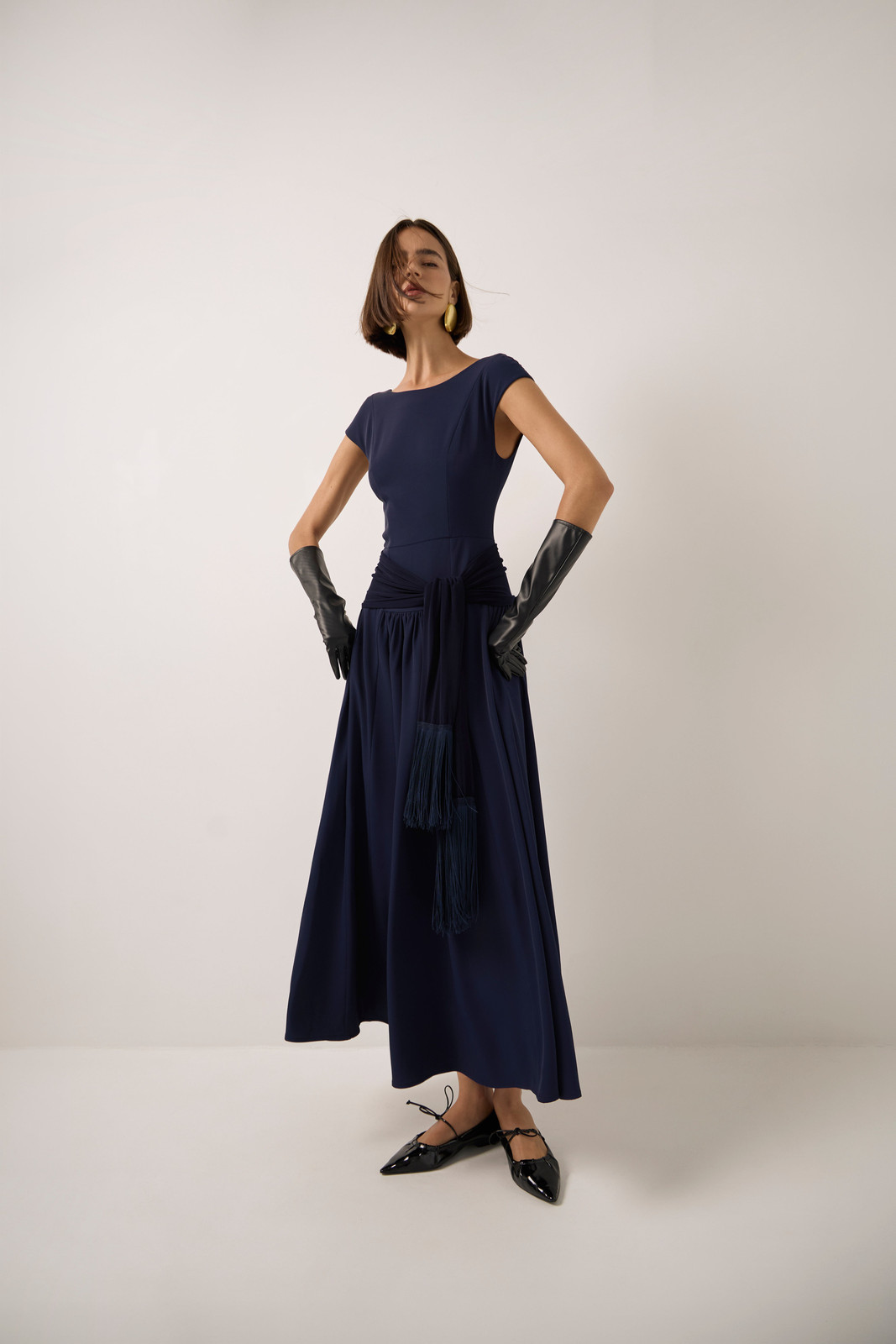 Navy A-Line Midi with Full Skirt and Black Gloves — Semi Formal Dresses 2027