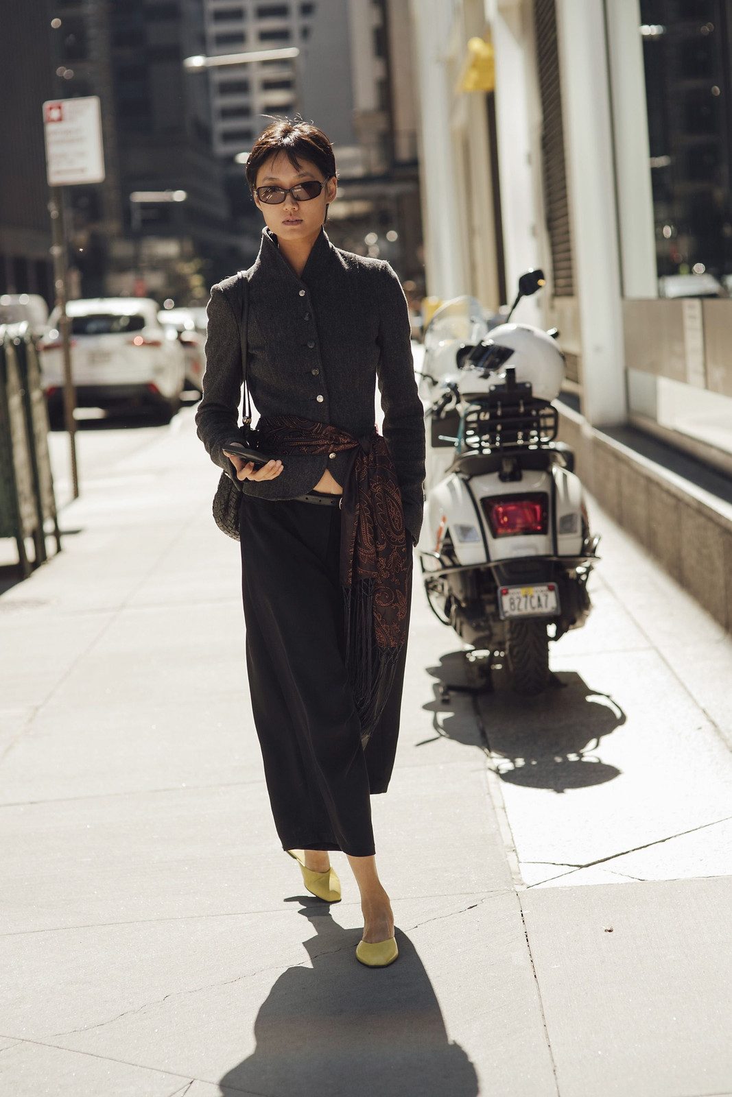 Fitted Jacket and Patterned Scarf: Sharp Contrast Fitted Jacket and Patterned Scarf: Sharp Contrast — Street Style Outfits 2027