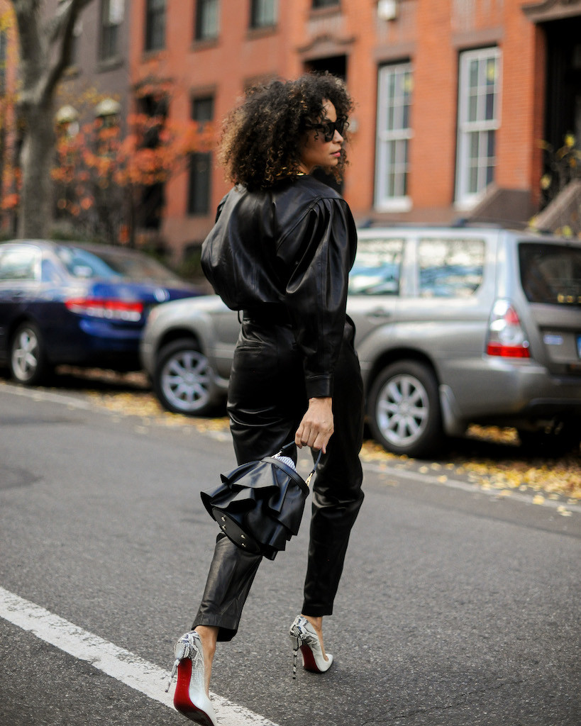 Dramatic Leather Jumpsuit with Red Sole Heels Dramatic Leather Jumpsuit with Red Sole Heels — New Years Eve Outfits 2027