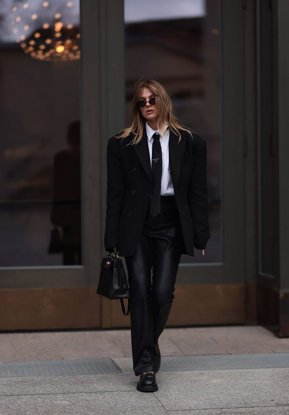 Oversized Black Blazer with Tie and Leather Pants: Power Dressing Oversized Black Blazer with Tie and Leather Pants: Power Dressing — Business Professional Outfits 2027