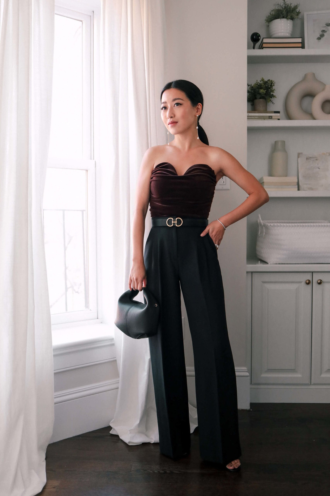 High-Waisted Black Trousers with a Velvet Sweetheart Top High-Waisted Black Trousers with a Velvet Sweetheart Top — New Years Eve Outfits 2027 with Pants