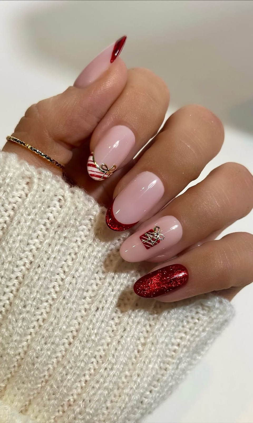 Candy Cane French Tips With A Gold Charm Candy Cane French Tips With A Gold Charm — Easy Christmas Nails 2026