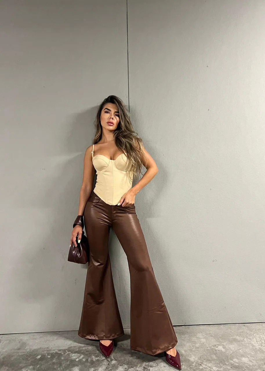Shiny Brown Faux Leather Flare Pants with Cream Corset Top Shiny Brown Faux Leather Flare Pants with Cream Corset Top — Skinny Flare Pants Outfits 2027