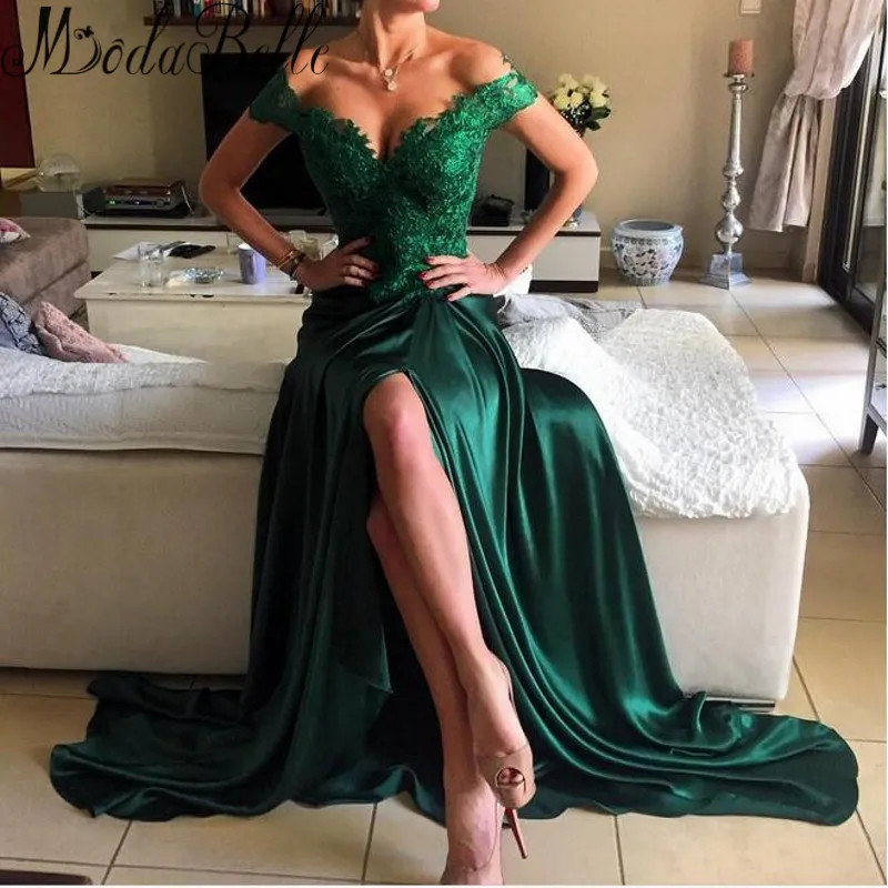 Emerald Green Satin Skirt with Lace Bodice and High Slit Emerald Green Satin Skirt with Lace Bodice and High Slit — Satin Prom Dresses 2027