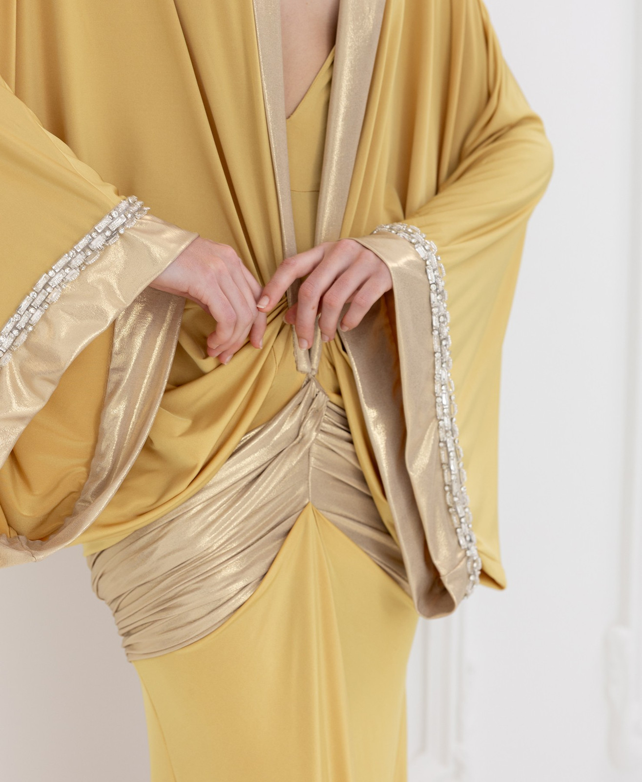 Draped Gold Kimono Dress with Embellished Trim Draped Gold Kimono Dress with Embellished Trim — Gold Dress Outfits 2027
