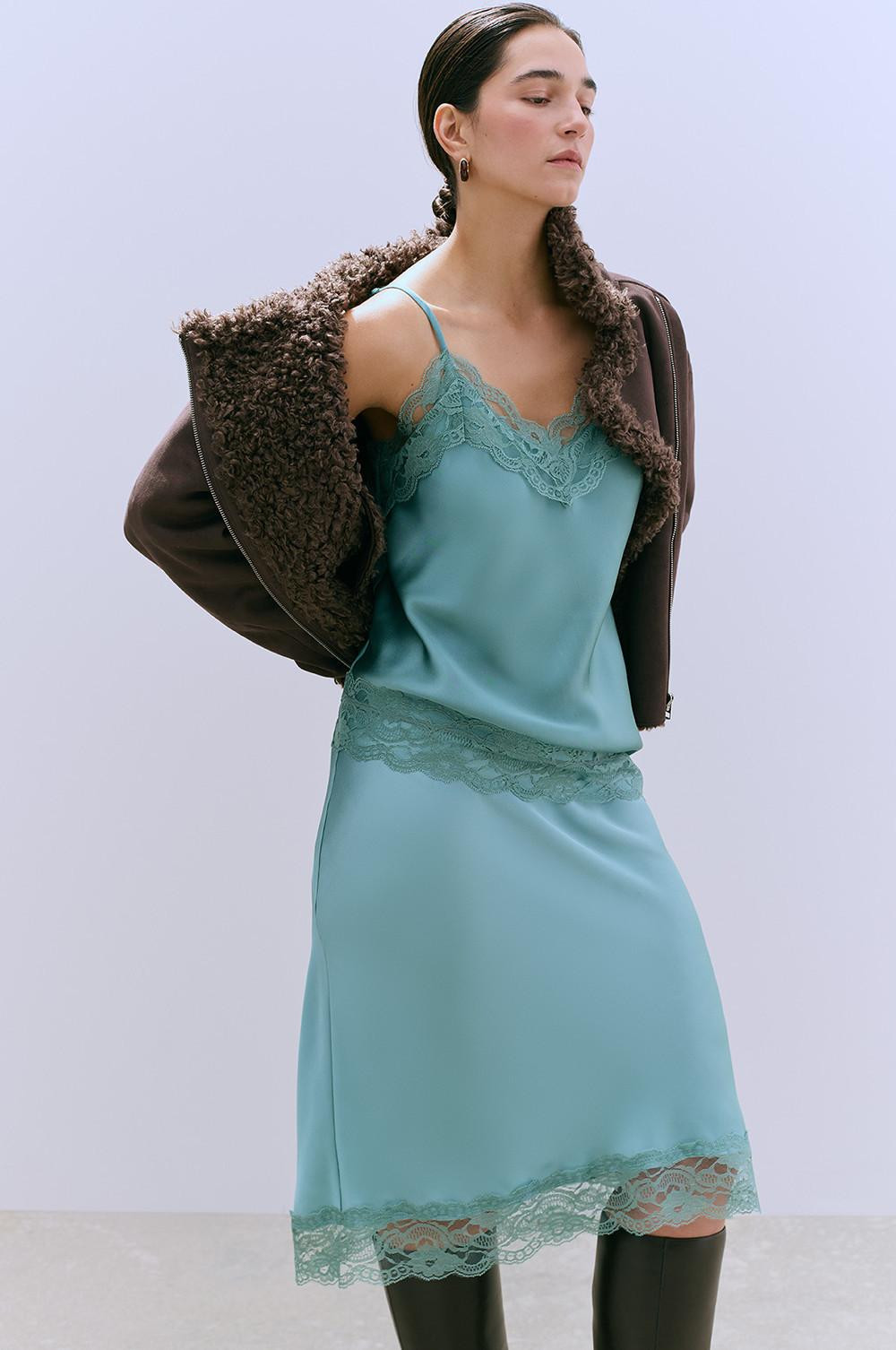 Casual Comfort: Teal Satin Slip Dress with Shearling Jacket Casual Comfort: Teal Satin Slip Dress with Shearling Jacket — Satin Dresses 2027