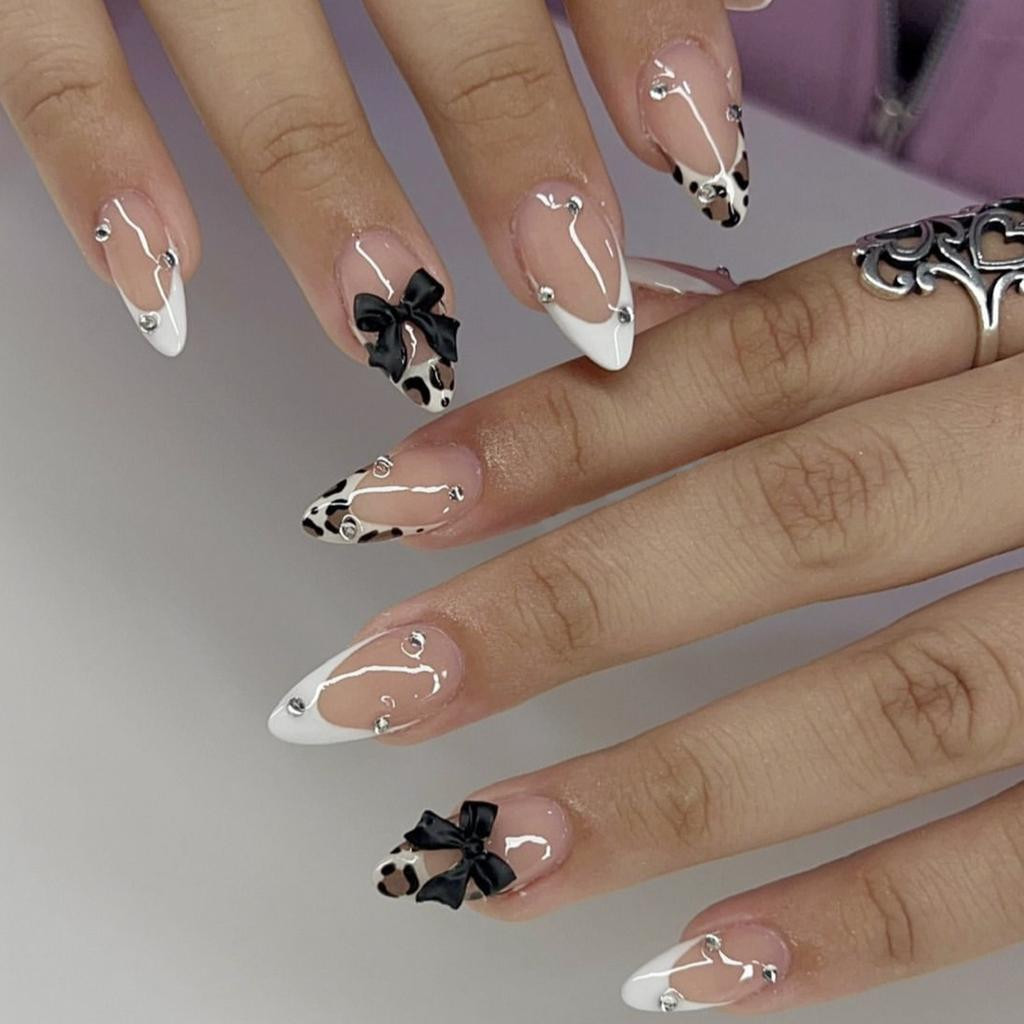 Leopard French Stilettos with Black Bows Leopard French Stilettos with Black Bows — Bow Stiletto Nails 2027