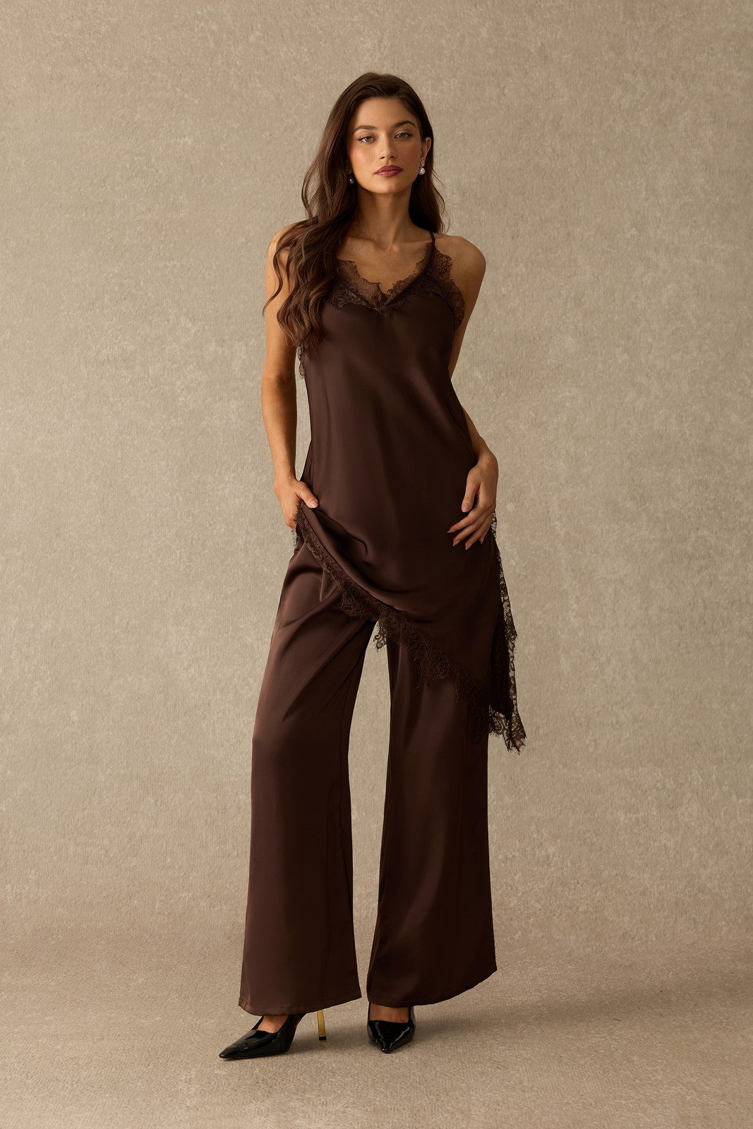 Brown Satin Camisole and Wide-Leg Pants Set for Bachelorette Brown Satin Camisole and Wide-Leg Pants Set for Bachelorette — Summer Bachelorette Outfits 2027