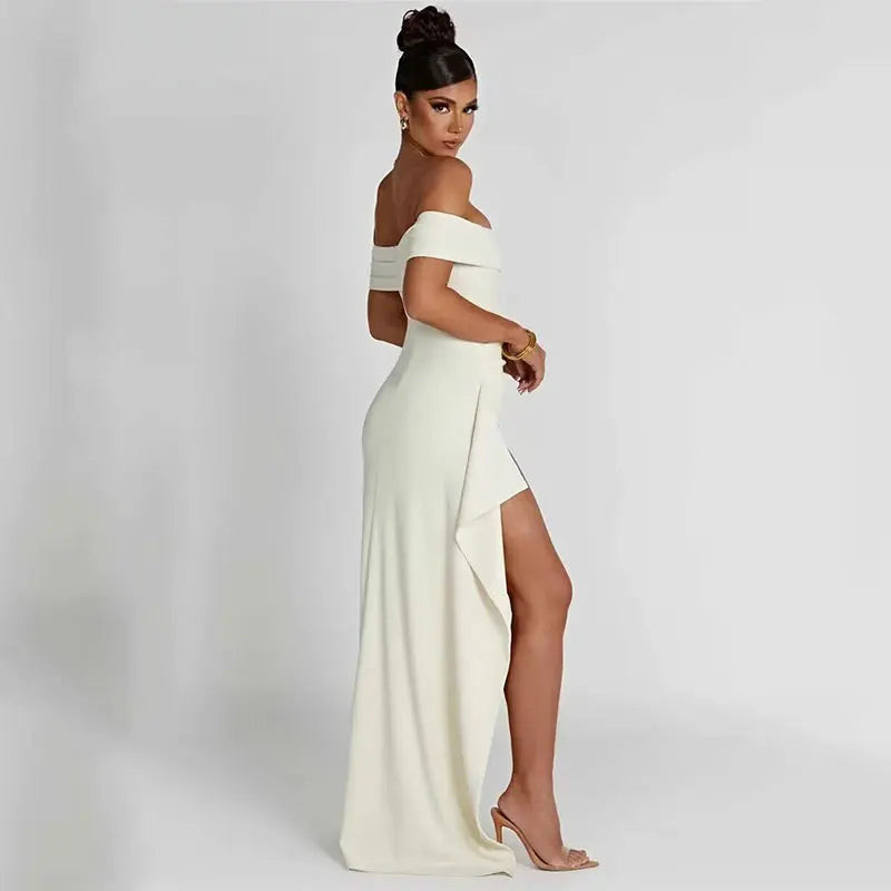 Off-White Crepe Off-the-Shoulder Maxi Dress with High Slit Off-White Crepe Off-the-Shoulder Maxi Dress with High Slit — Off the Shoulder Dresses 2027