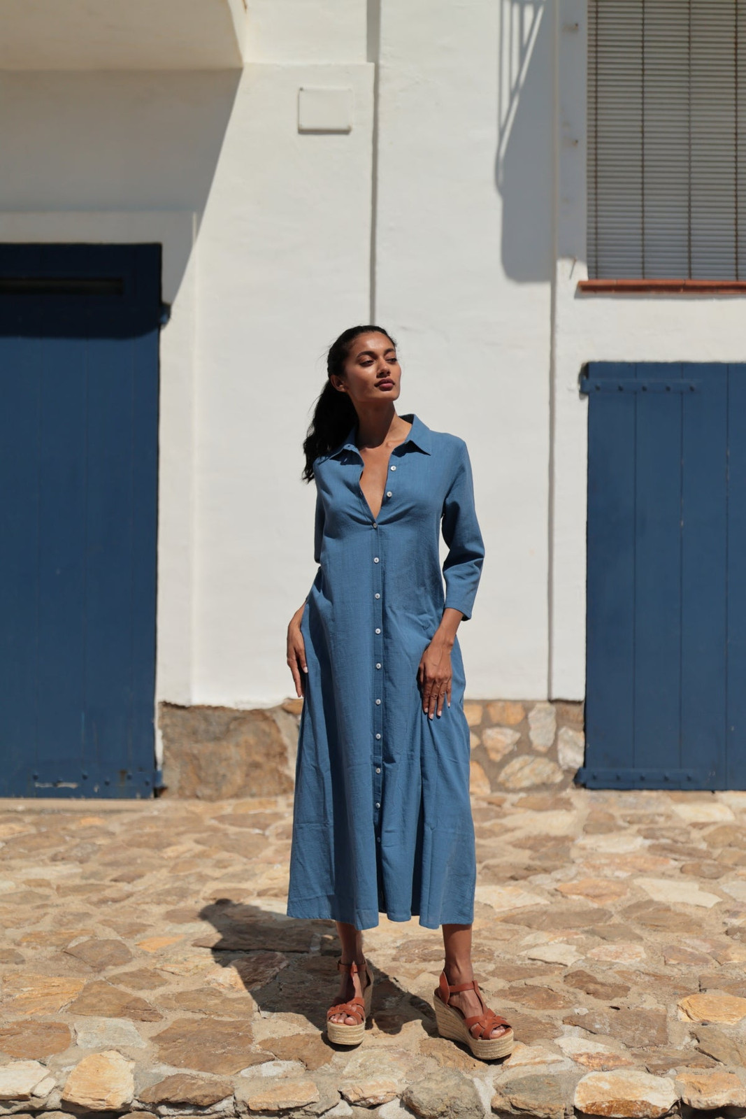 Denim Blue Linen Shirt Dress for Beach Casual Denim Blue Linen Shirt Dress for Beach Casual — Beach Dresses 2027