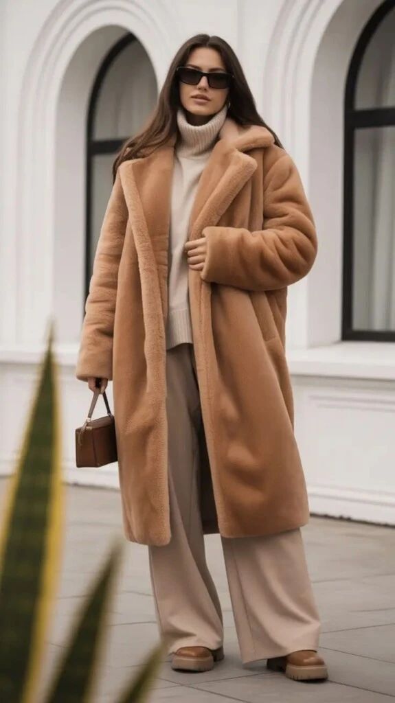 Oversized Camel Teddy Coat with Turtleneck and Wide-Leg Trousers — Teddy Coat Outfits 2027