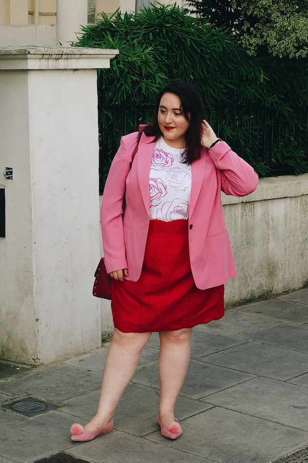 Hot Pink Blazer over Rose T-Shirt with Red Textured Skirt Hot Pink Blazer over Rose T-Shirt with Red Textured Skirt — Pink and Red Outfits 2027