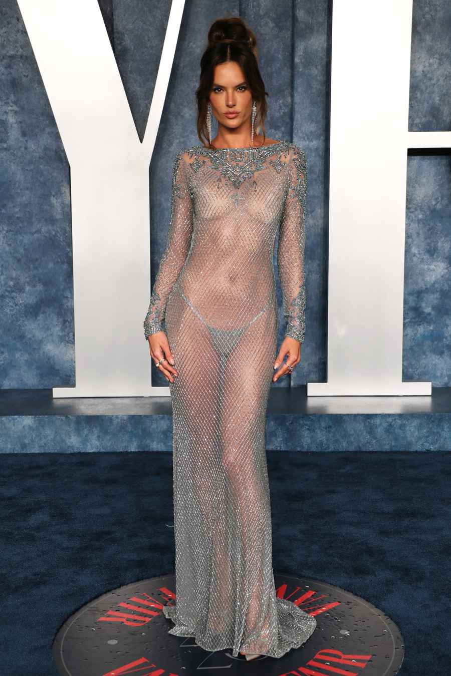 Floor-Length Sheer Silver Embellished Dress for Red Carpet Floor-Length Sheer Silver Embellished Dress for Red Carpet — Sheer Dress 2027
