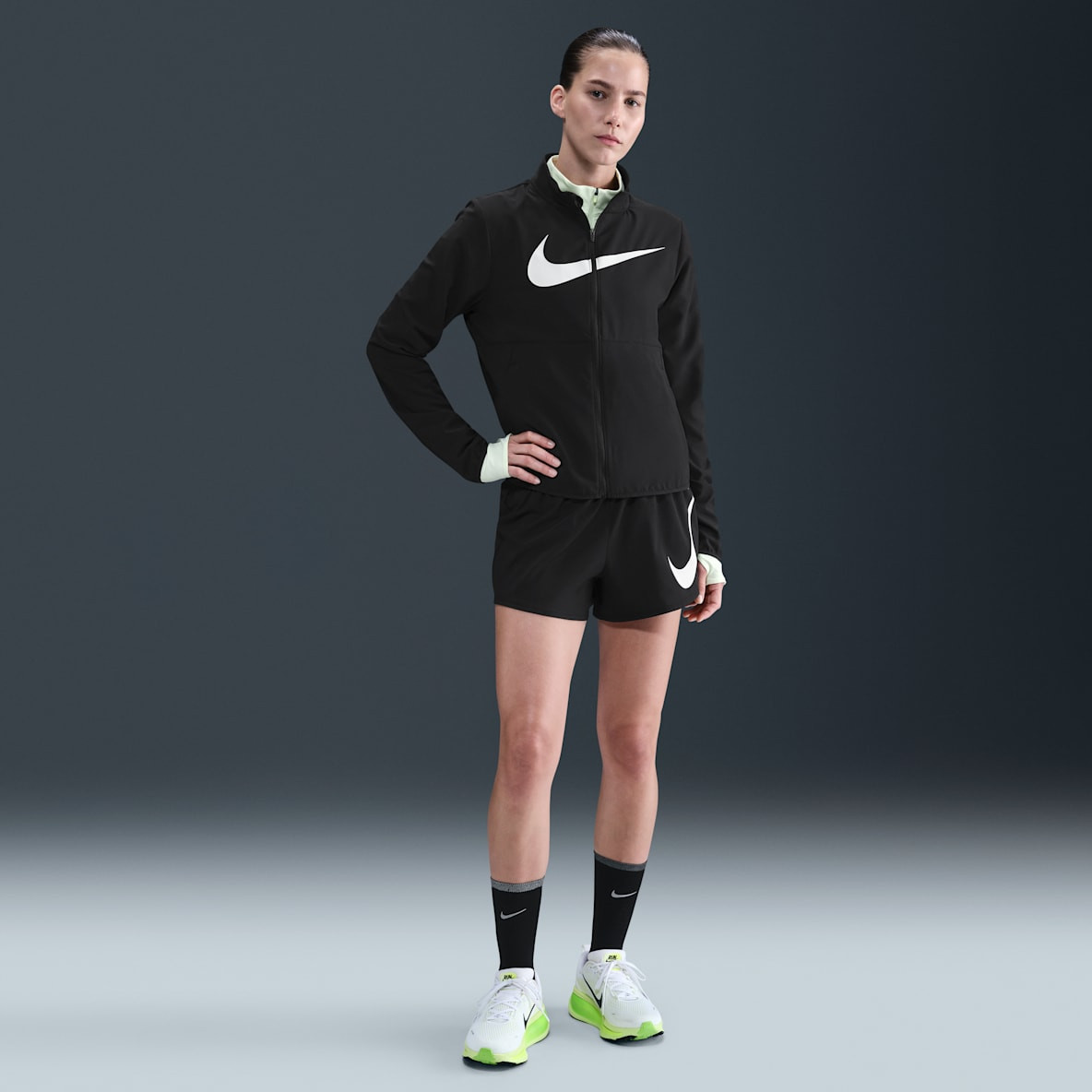 Black Nike Jacket with Neon Green Accents for Casual Runs Black Nike Jacket with Neon Green Accents for Casual Runs — Running Outfits for Women 2027
