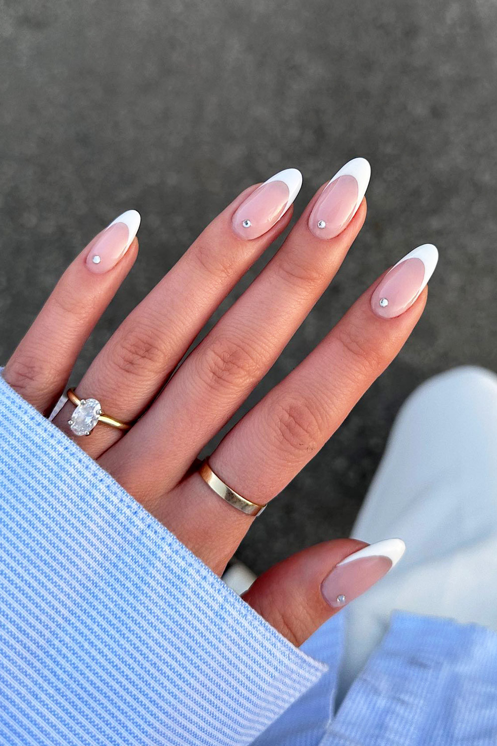 Rhinestone French Medium Almond Nails — Nails 2027 for Teens