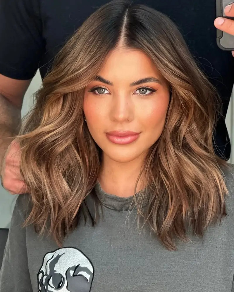 Medium Brown Lob With Caramel Balayage And Fringe — Caramel Balayage 2027