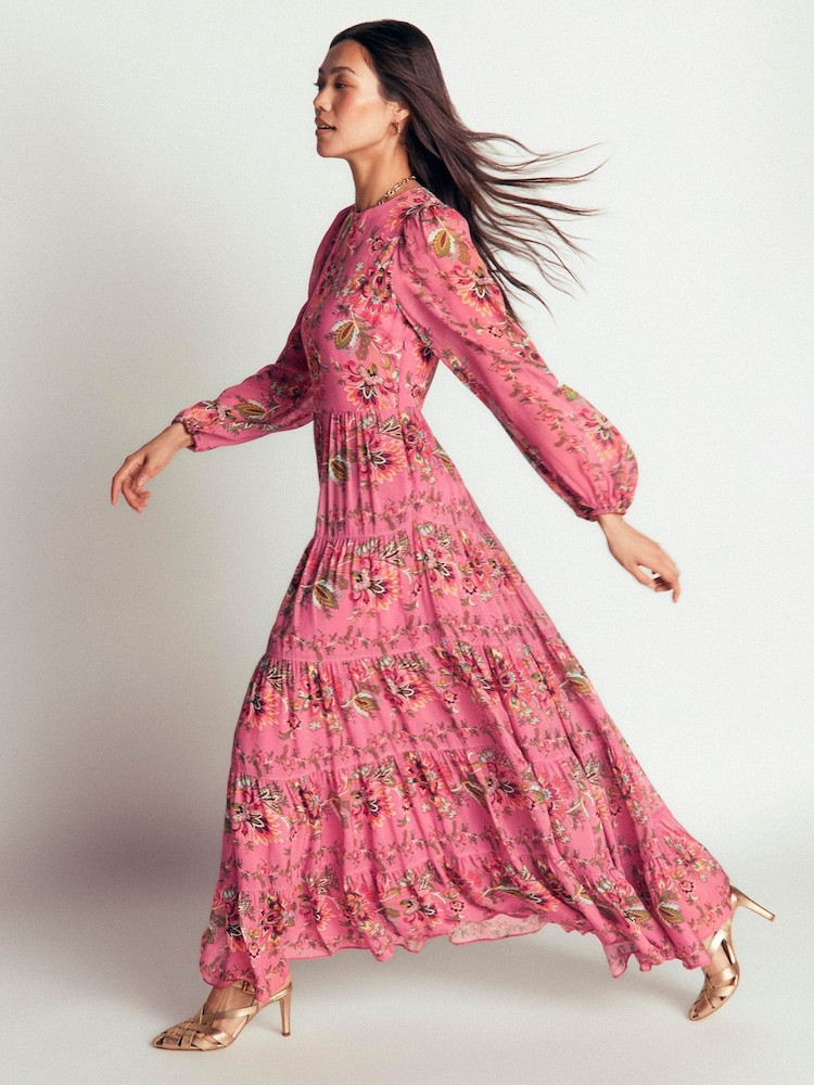 Vibrant Pink Floral Tiered Maxi Dress with Puff Sleeves Vibrant Pink Floral Tiered Maxi Dress with Puff Sleeves — Tiered Dresses 2027