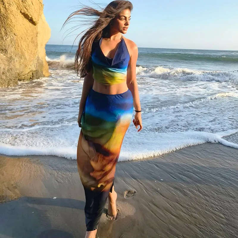 Bohemian Halter Neck Crop Top and Maxi Skirt for Beach Day Bohemian Halter Neck Crop Top and Maxi Skirt for Beach Day — Bid Day Outfits 2027