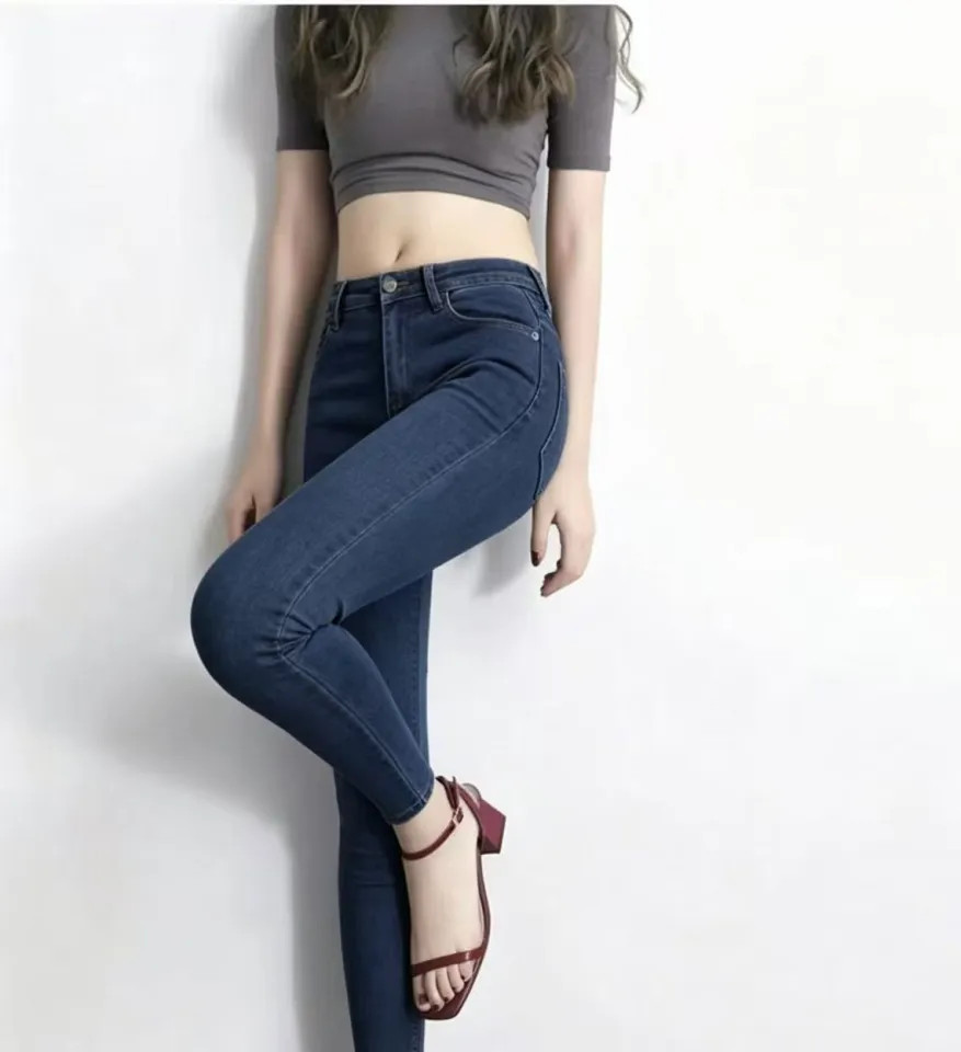 Blue Skinny Jeans with Grey Cropped Top and Red Block Heels — Scene Skinny Jeans Outfits 2027