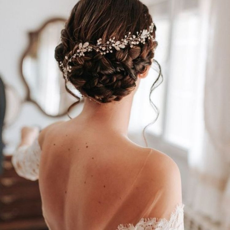 Elegant Dark Brown Braided Updo With Jewels — Spring Wedding Hair 2027