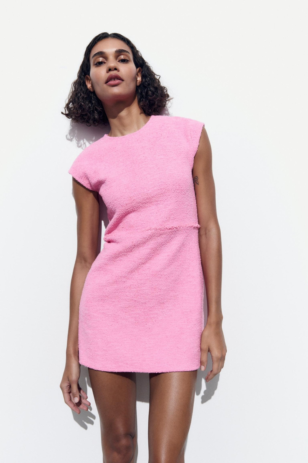 Bright Pink Textured Knit Mini Dress — Mini Dresses 2027