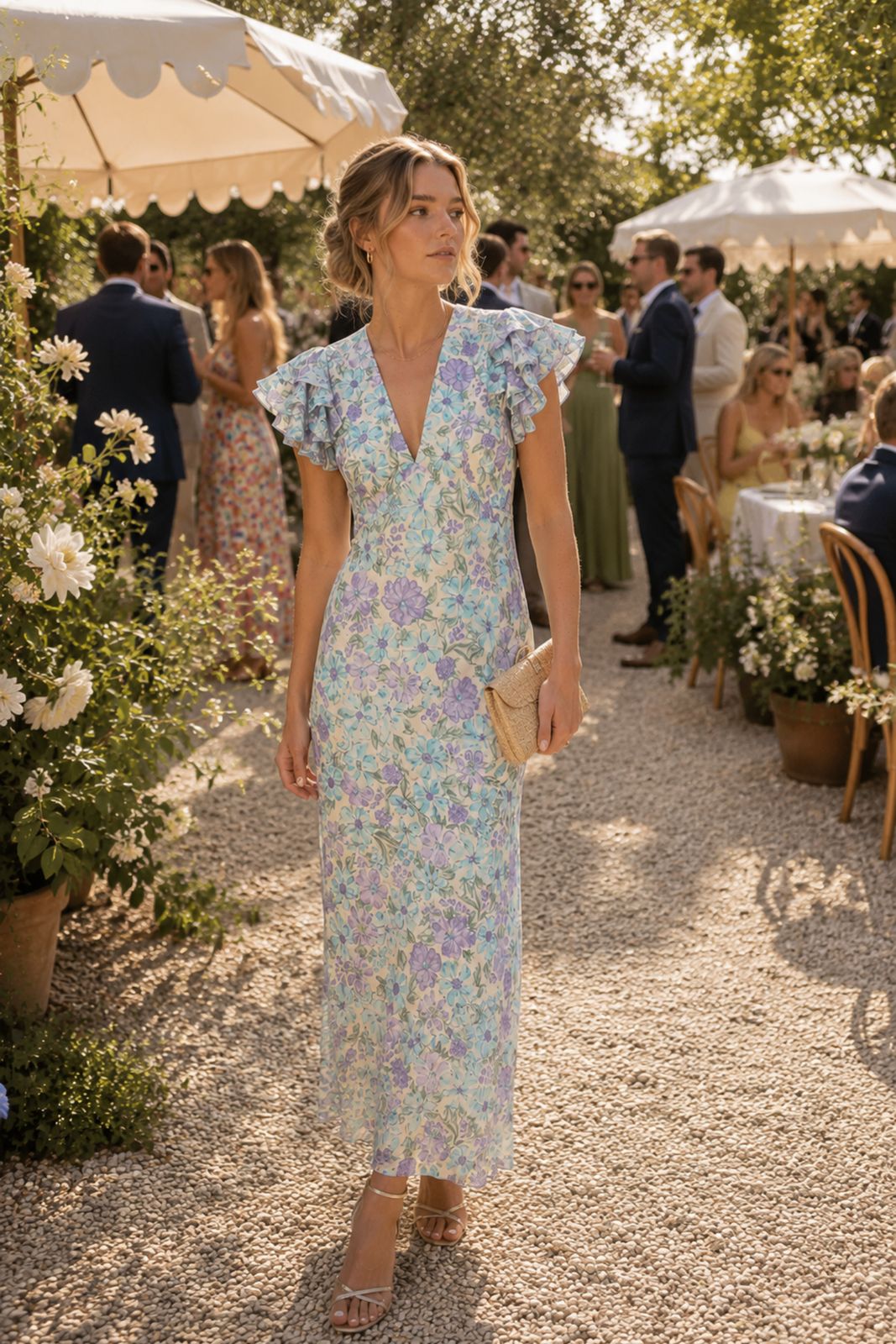 Floral Print Maxi Dress with Ruffled Sleeves for a Daytime Wedding Floral Print Maxi Dress with Ruffled Sleeves for a Daytime Wedding — Wedding Guest Outfits 2027