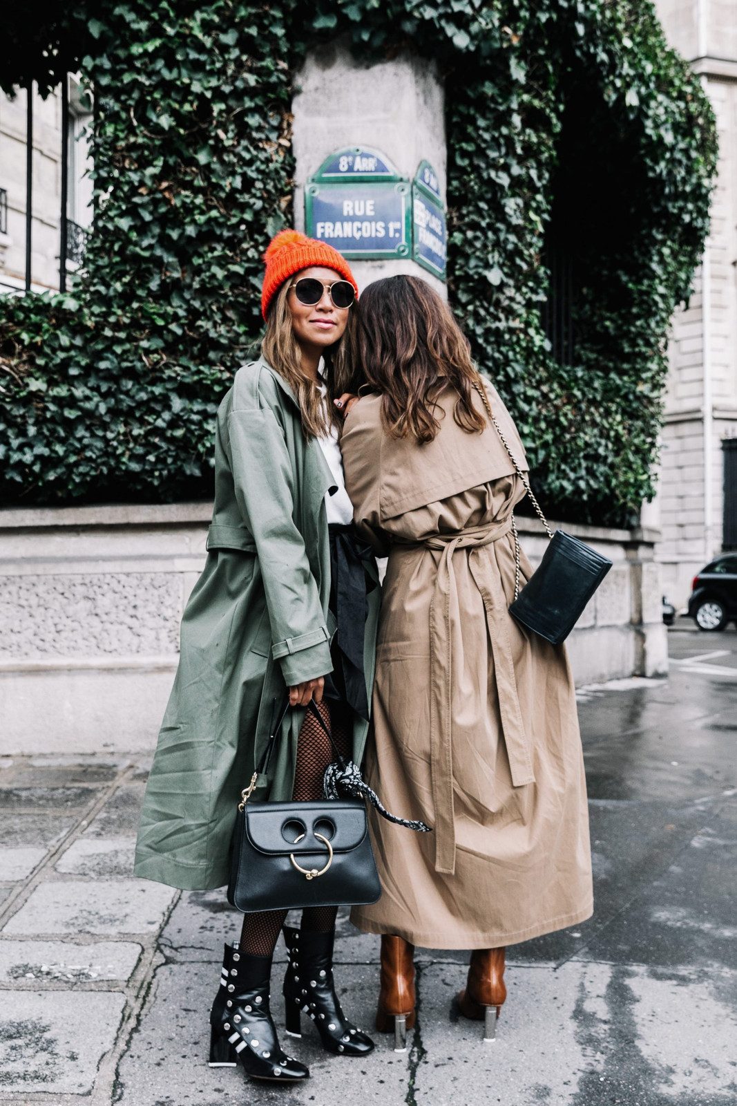 Striking Contrast: Olive Trench Coat with Fishnets and Orange Beanie Striking Contrast: Olive Trench Coat with Fishnets and Orange Beanie — Scene Outfits 2027