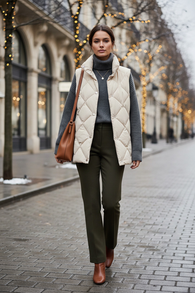 Sophisticated Neutrals: Cream Quilted Vest with Turtleneck and Trousers Sophisticated Neutrals: Cream Quilted Vest with Turtleneck and Trousers — Puffer Vest Outfits 2027
