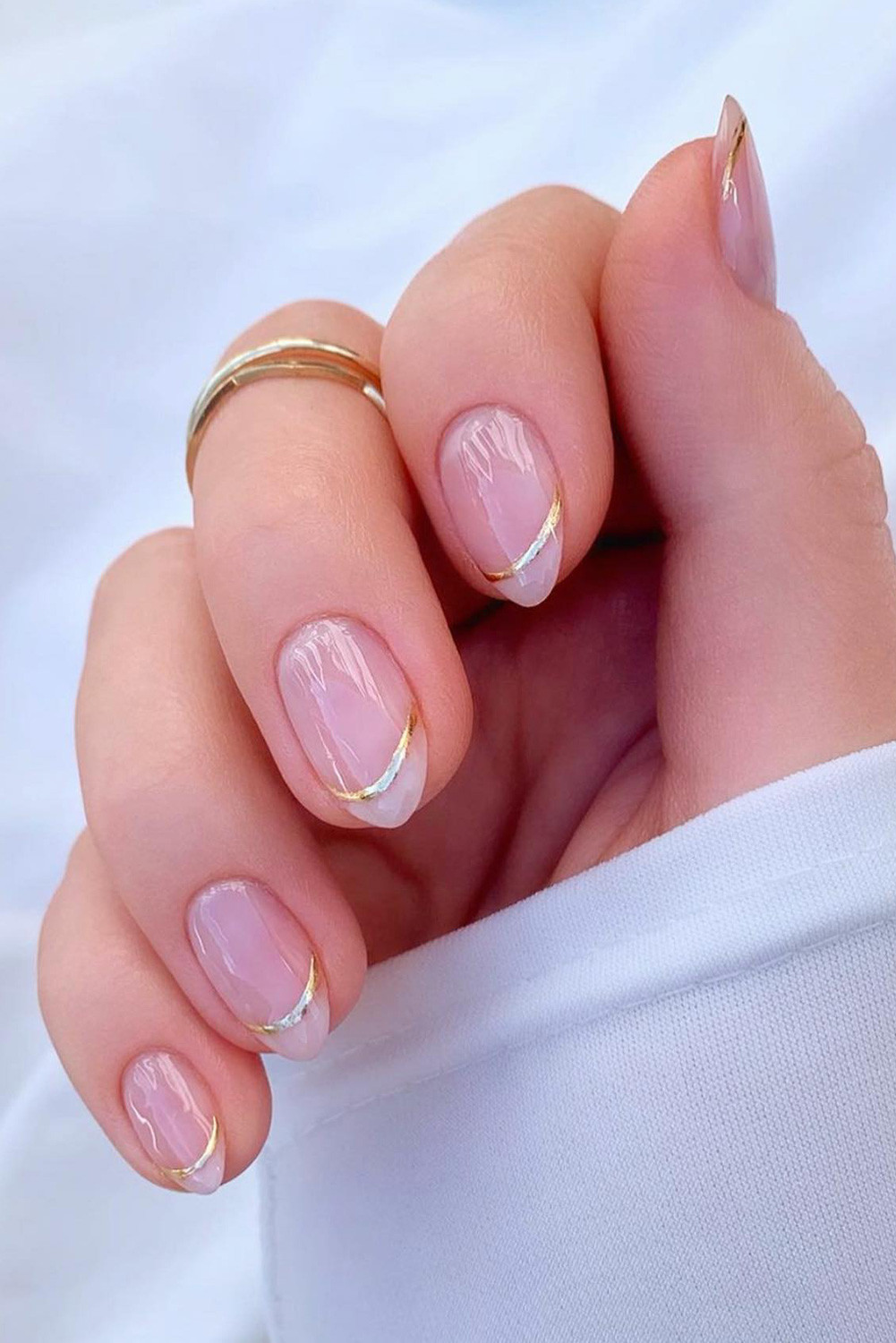 Milky Pink with Gold and Silver Edge — Short Wedding Nails 2027
