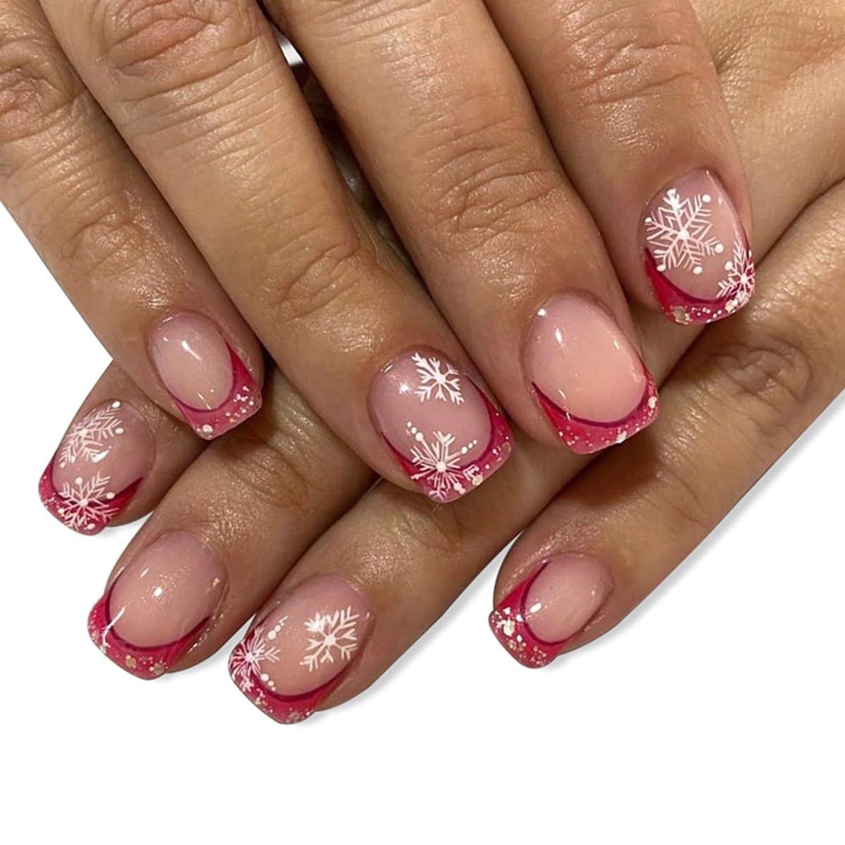 Short Nude Red French Snowflakes Short Nude Red French Snowflakes — Christmas Square Nails 2026
