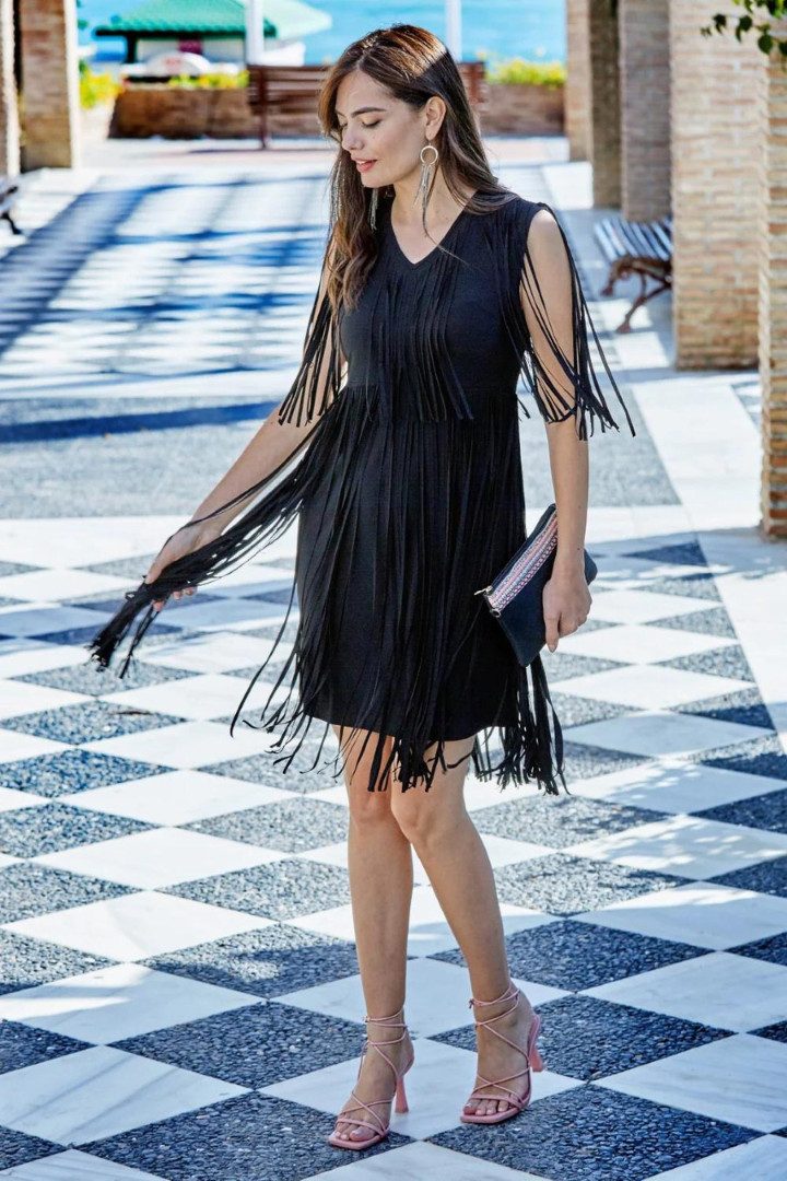 Pink Strappy Sandals Outfit Idea — Fringe Dress 2027