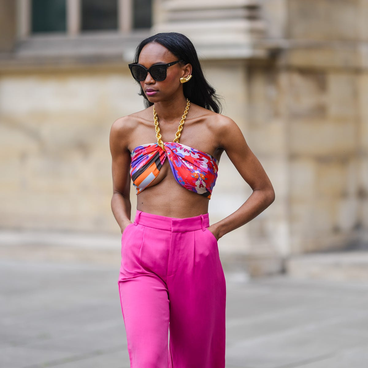 Bold Pink Trousers Paired with a Scarf Halter Top Bold Pink Trousers Paired with a Scarf Halter Top — Colorful Summer Outfits 2027