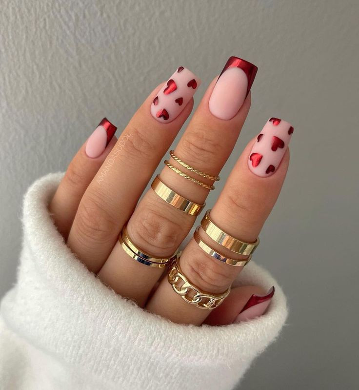 Metallic Red Heart French Nude Metallic Red Heart French Nude — Valentines French Tip Nails 2027