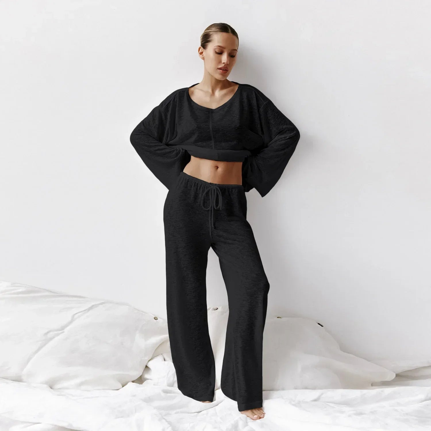 Black Textured Knit Cropped Top and Wide-Leg Pant Loungewear Black Textured Knit Cropped Top and Wide-Leg Pant Loungewear — Matching Set Outfits 2027
