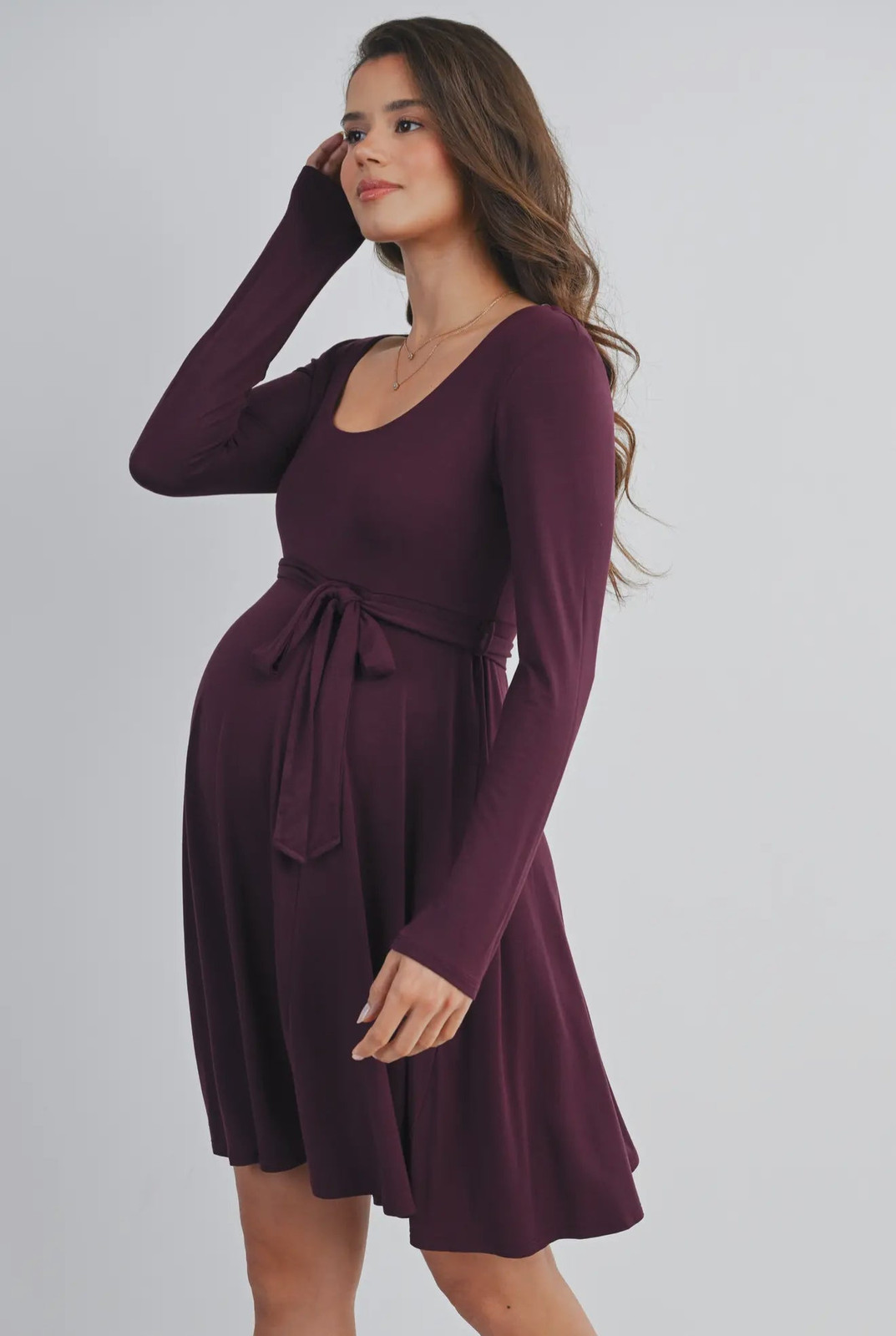 Effortless Maternity Dress: Burgundy Long-Sleeve with Tie Waist Effortless Maternity Dress: Burgundy Long-Sleeve with Tie Waist — Maternity Outfits 2027