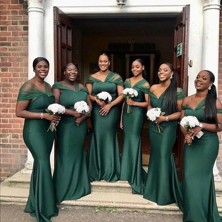 Dark Green Off-the-Shoulder Mermaid Satin Gowns — Satin Bridesmaid Dresses 2027