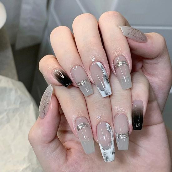 Nude Black Marble Gradient Birthday Coffin Nails — Birthday Nails Coffin 2027